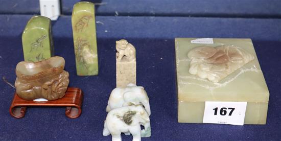 A Chinese jade vessel, three soapstone seals and other carvings